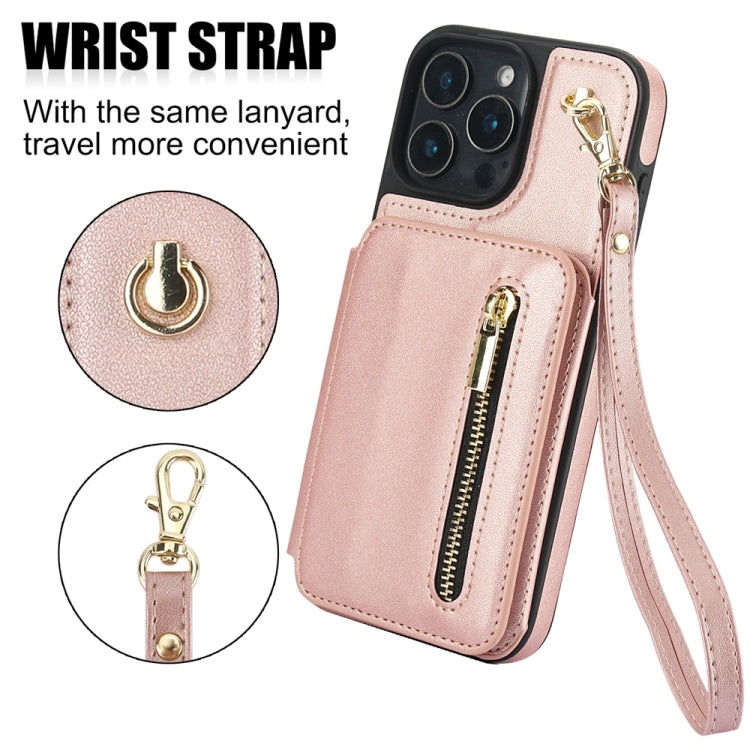 For iPhone 16 Pro YM006 Skin Feel Zipper Card Bag Phone Case with Dual Lanyard