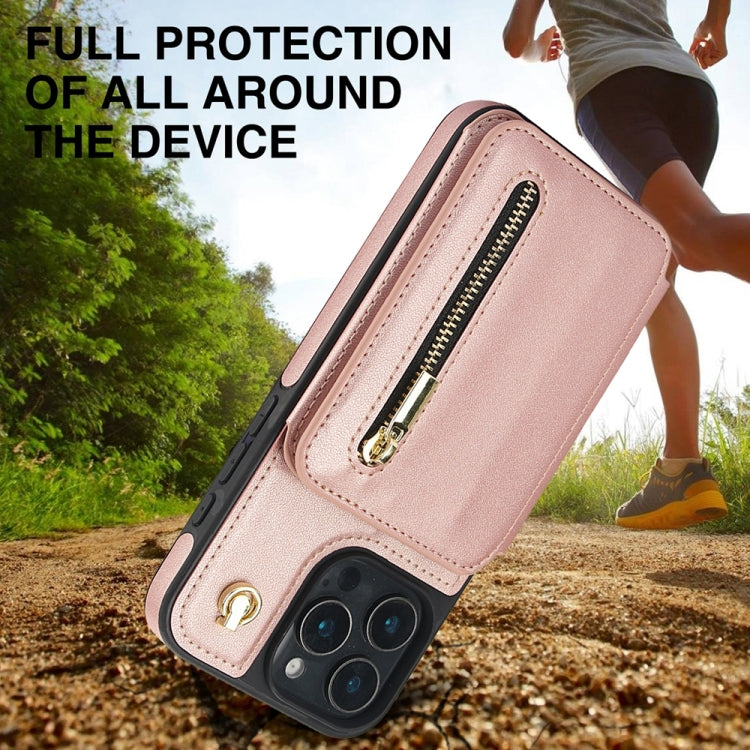 For iPhone 16 Pro YM006 Skin Feel Zipper Card Bag Phone Case with Dual Lanyard