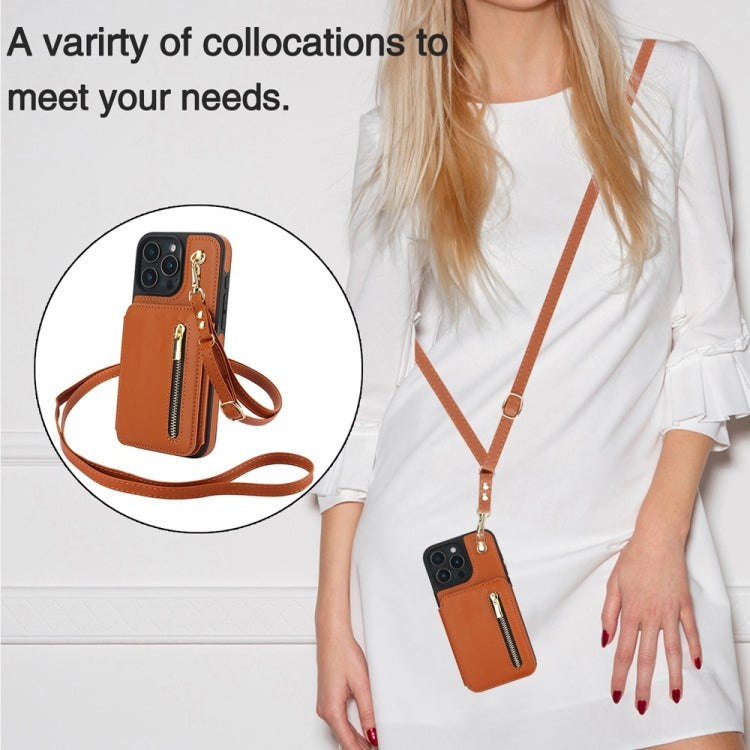 For iPhone 16 Pro YM006 Skin Feel Zipper Card Bag Phone Case with Dual Lanyard