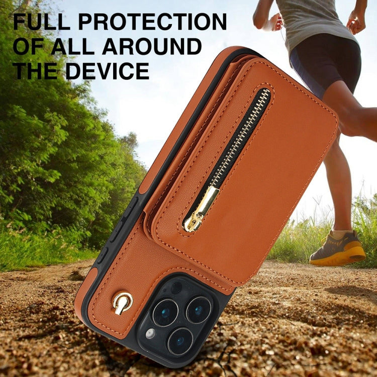 For iPhone 16 Pro YM006 Skin Feel Zipper Card Bag Phone Case with Dual Lanyard