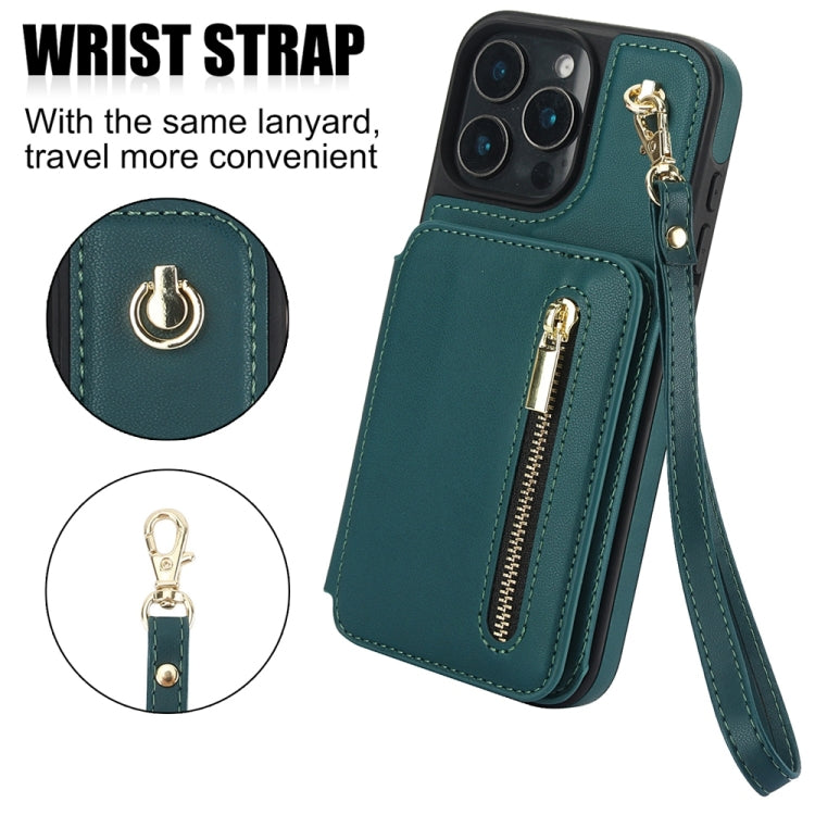 For iPhone 16 Pro YM006 Skin Feel Zipper Card Bag Phone Case with Dual Lanyard