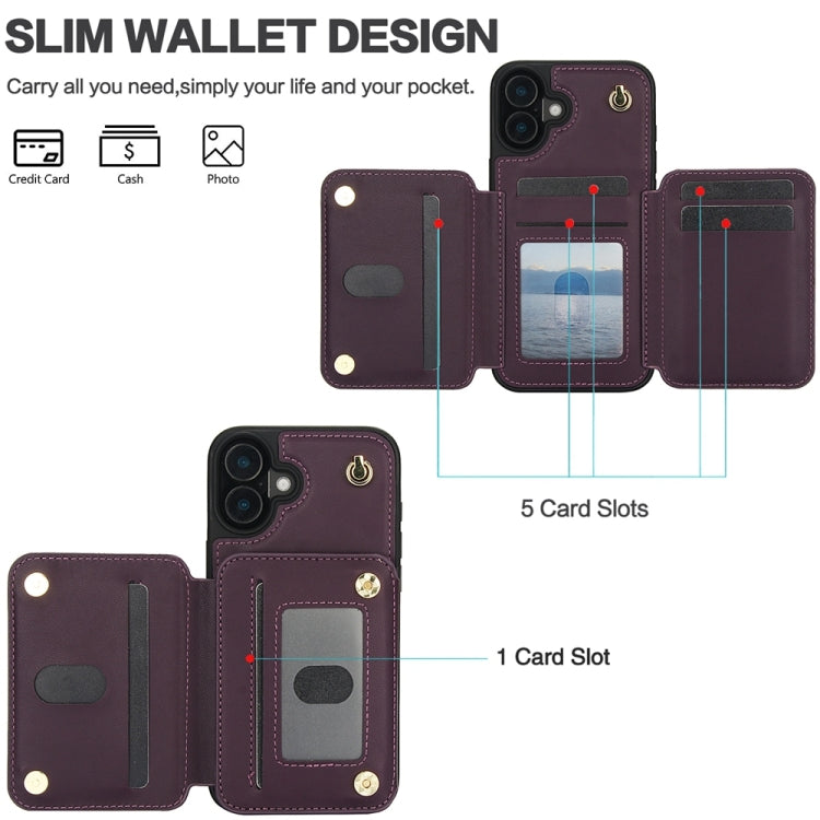 For iPhone 16 Plus YM006 Skin Feel Zipper Card Bag Phone Case with Dual Lanyard