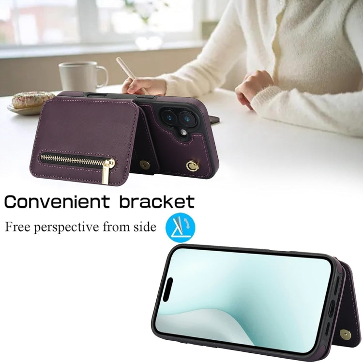 For iPhone 16 Plus YM006 Skin Feel Zipper Card Bag Phone Case with Dual Lanyard