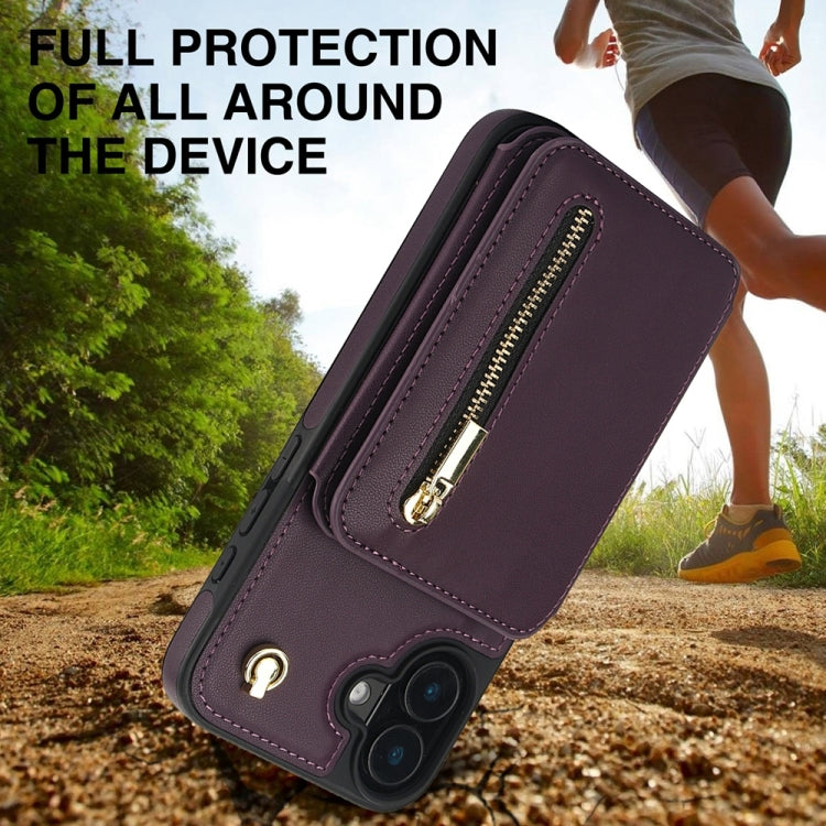 For iPhone 16 Plus YM006 Skin Feel Zipper Card Bag Phone Case with Dual Lanyard