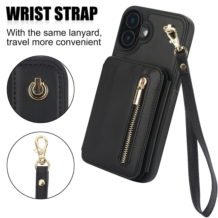 For iPhone 16 Plus YM006 Skin Feel Zipper Card Bag Phone Case with Dual Lanyard