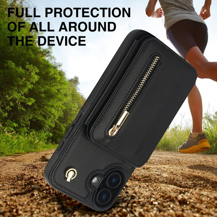 For iPhone 16 Plus YM006 Skin Feel Zipper Card Bag Phone Case with Dual Lanyard