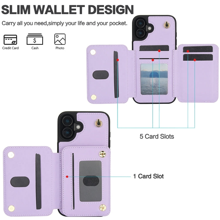 For iPhone 16 Plus YM006 Skin Feel Zipper Card Bag Phone Case with Dual Lanyard