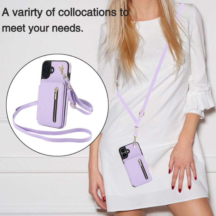 For iPhone 16 Plus YM006 Skin Feel Zipper Card Bag Phone Case with Dual Lanyard