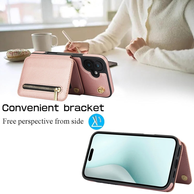 For iPhone 16 Plus YM006 Skin Feel Zipper Card Bag Phone Case with Dual Lanyard