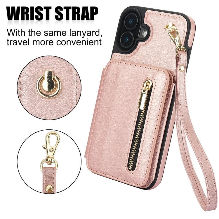 For iPhone 16 Plus YM006 Skin Feel Zipper Card Bag Phone Case with Dual Lanyard