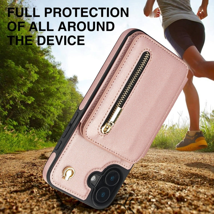 For iPhone 16 Plus YM006 Skin Feel Zipper Card Bag Phone Case with Dual Lanyard