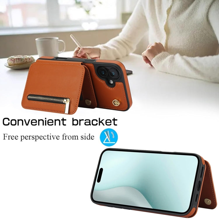 For iPhone 16 Plus YM006 Skin Feel Zipper Card Bag Phone Case with Dual Lanyard