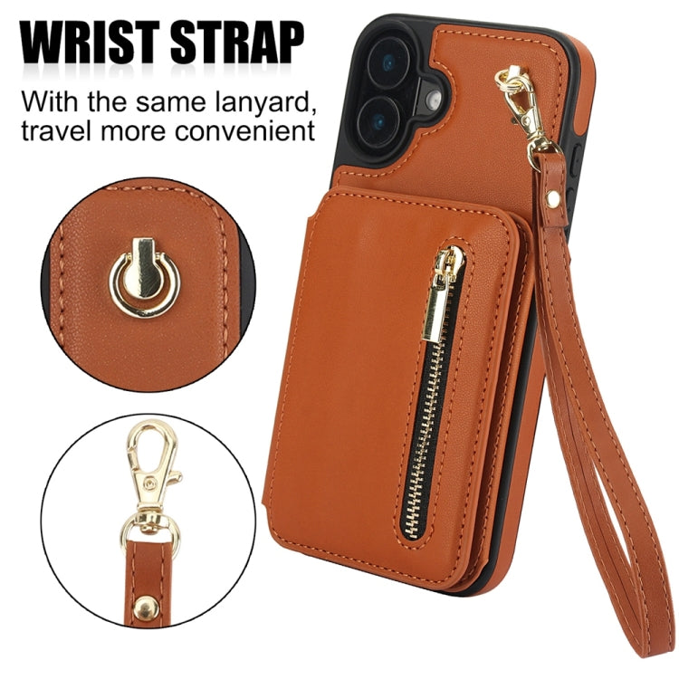 For iPhone 16 Plus YM006 Skin Feel Zipper Card Bag Phone Case with Dual Lanyard