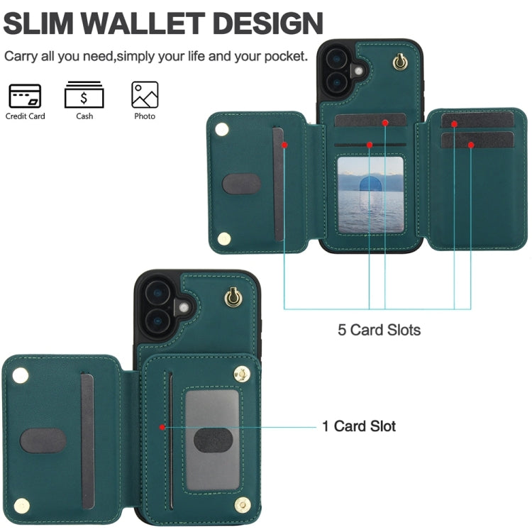 For iPhone 16 Plus YM006 Skin Feel Zipper Card Bag Phone Case with Dual Lanyard