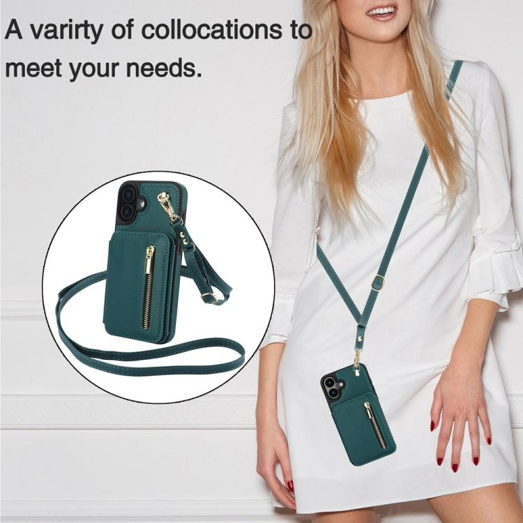 For iPhone 16 Plus YM006 Skin Feel Zipper Card Bag Phone Case with Dual Lanyard