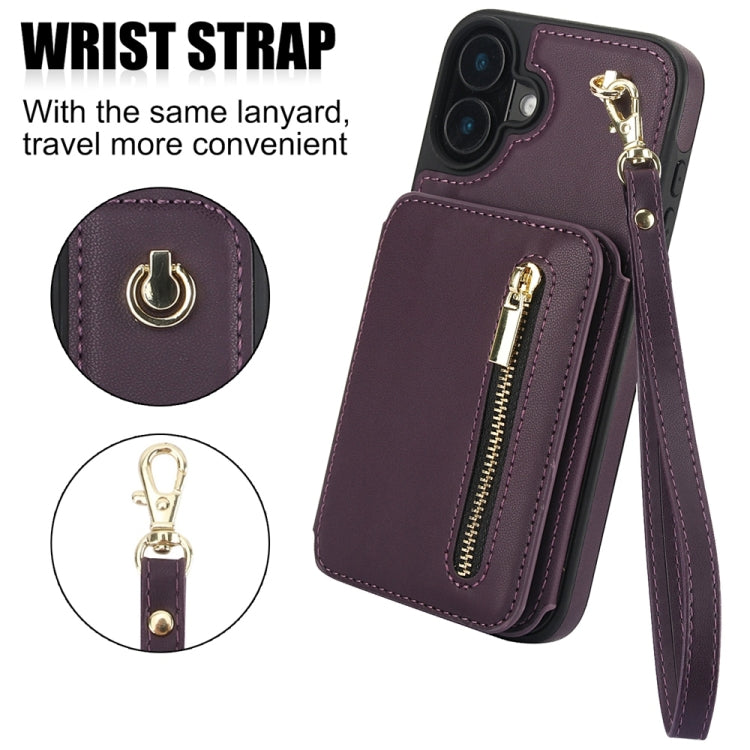 For iPhone 16 YM006 Skin Feel Zipper Card Bag Phone Case with Dual Lanyard