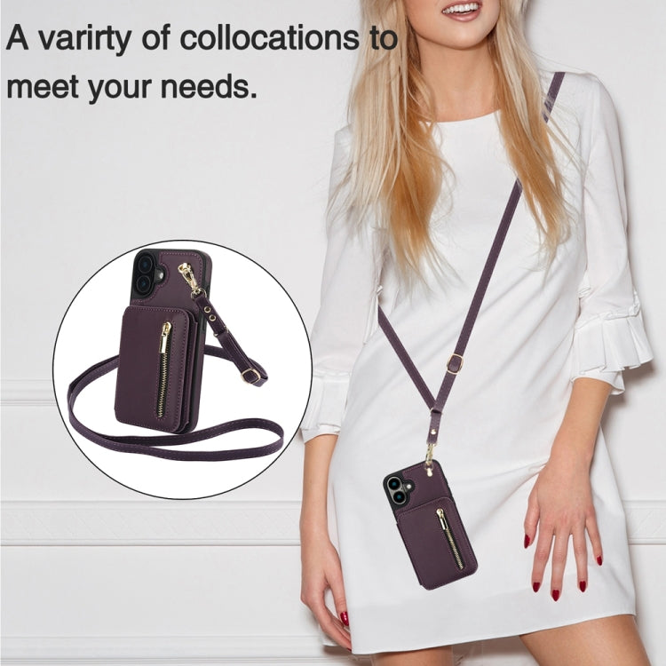 For iPhone 16 YM006 Skin Feel Zipper Card Bag Phone Case with Dual Lanyard