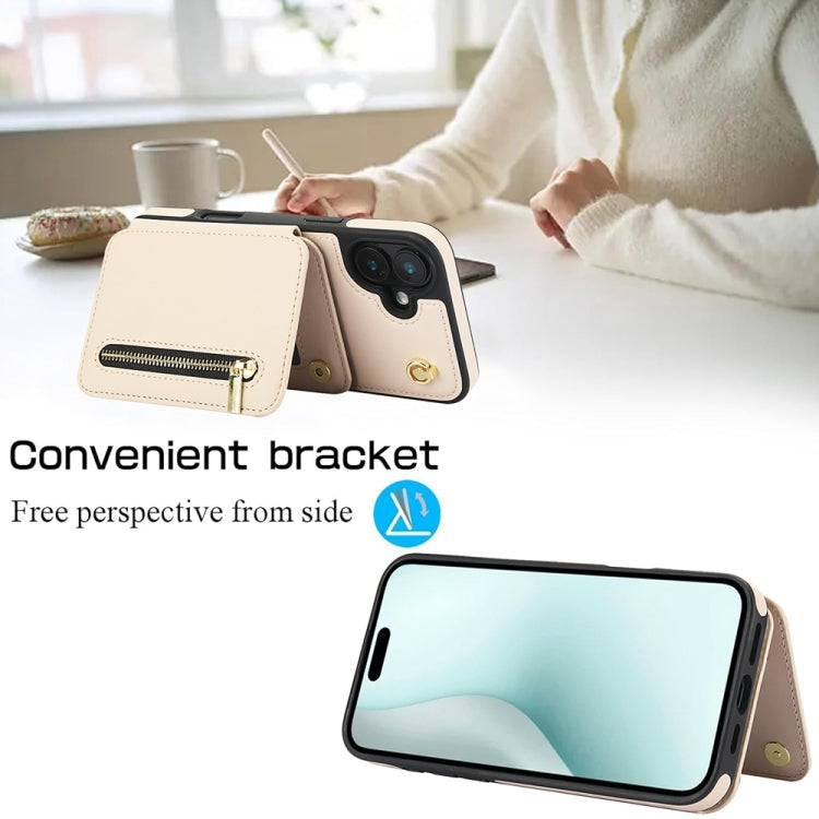 For iPhone 16 YM006 Skin Feel Zipper Card Bag Phone Case with Dual Lanyard