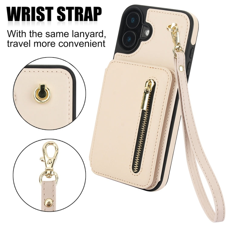 For iPhone 16 YM006 Skin Feel Zipper Card Bag Phone Case with Dual Lanyard