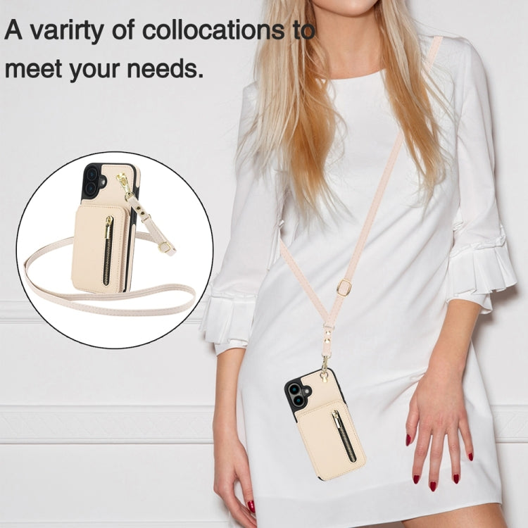 For iPhone 16 YM006 Skin Feel Zipper Card Bag Phone Case with Dual Lanyard