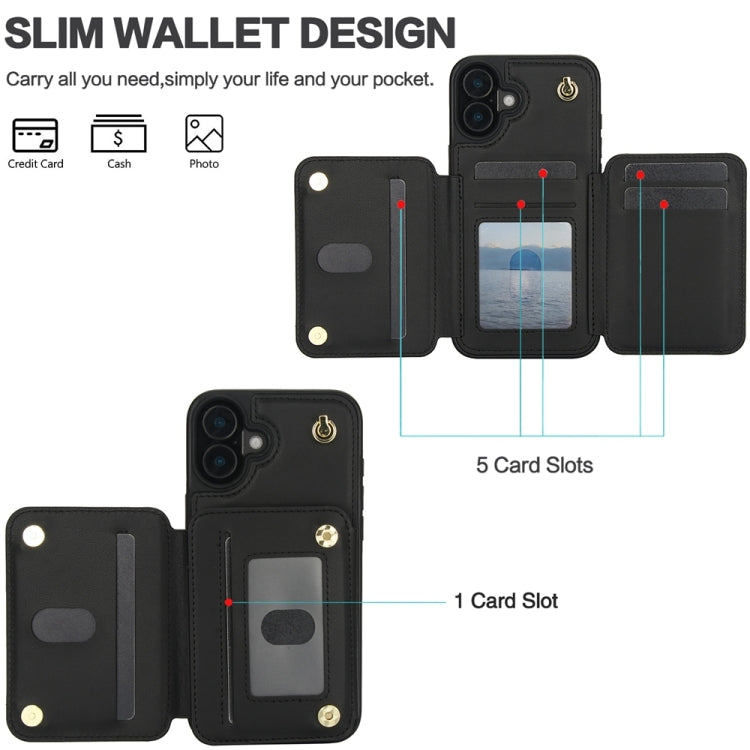 For iPhone 16 YM006 Skin Feel Zipper Card Bag Phone Case with Dual Lanyard