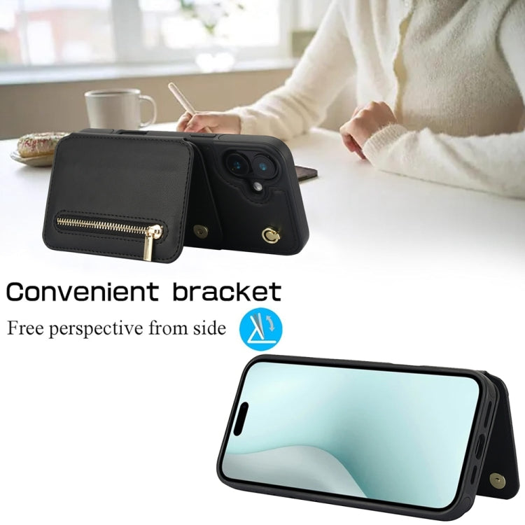 For iPhone 16 YM006 Skin Feel Zipper Card Bag Phone Case with Dual Lanyard