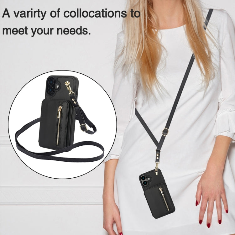 For iPhone 16 YM006 Skin Feel Zipper Card Bag Phone Case with Dual Lanyard