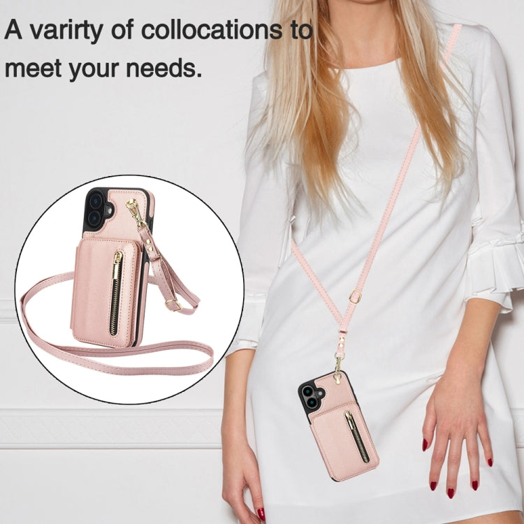 For iPhone 16 YM006 Skin Feel Zipper Card Bag Phone Case with Dual Lanyard