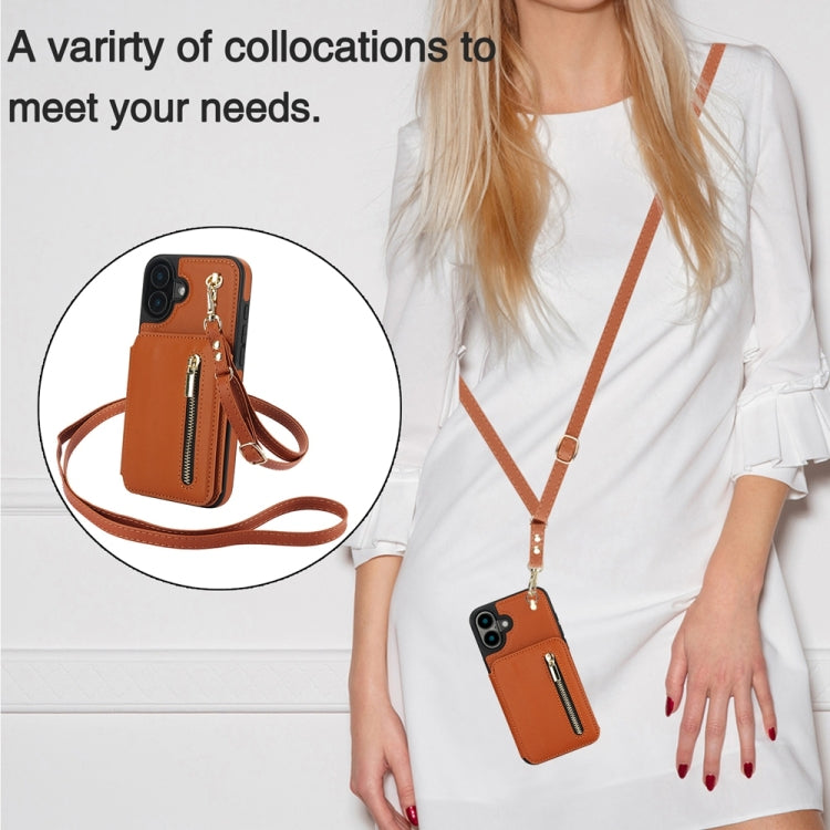 For iPhone 16 YM006 Skin Feel Zipper Card Bag Phone Case with Dual Lanyard