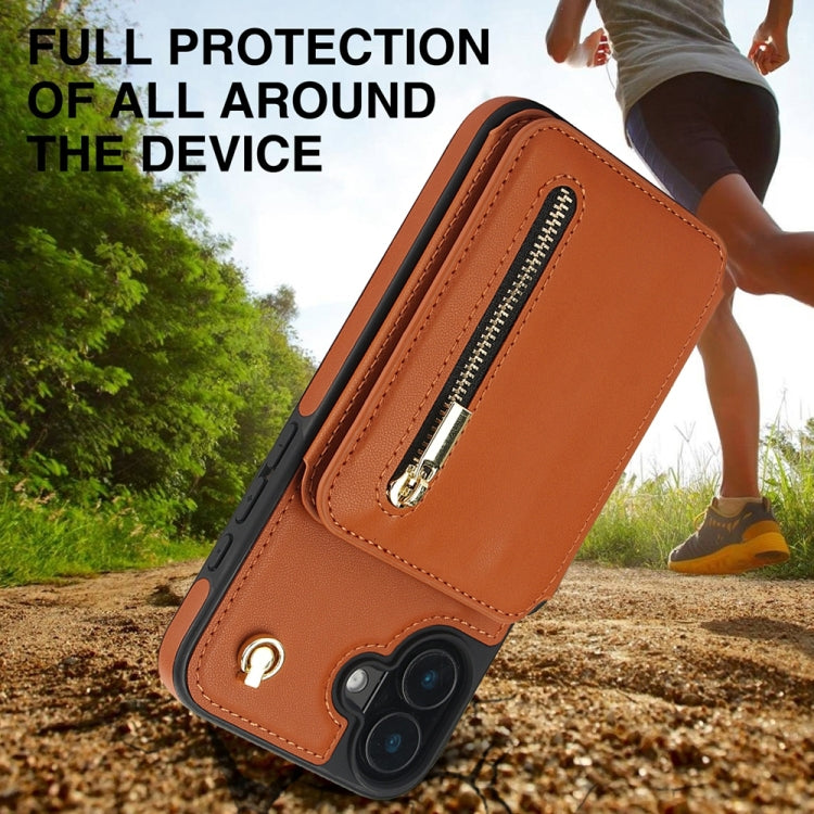 For iPhone 16 YM006 Skin Feel Zipper Card Bag Phone Case with Dual Lanyard