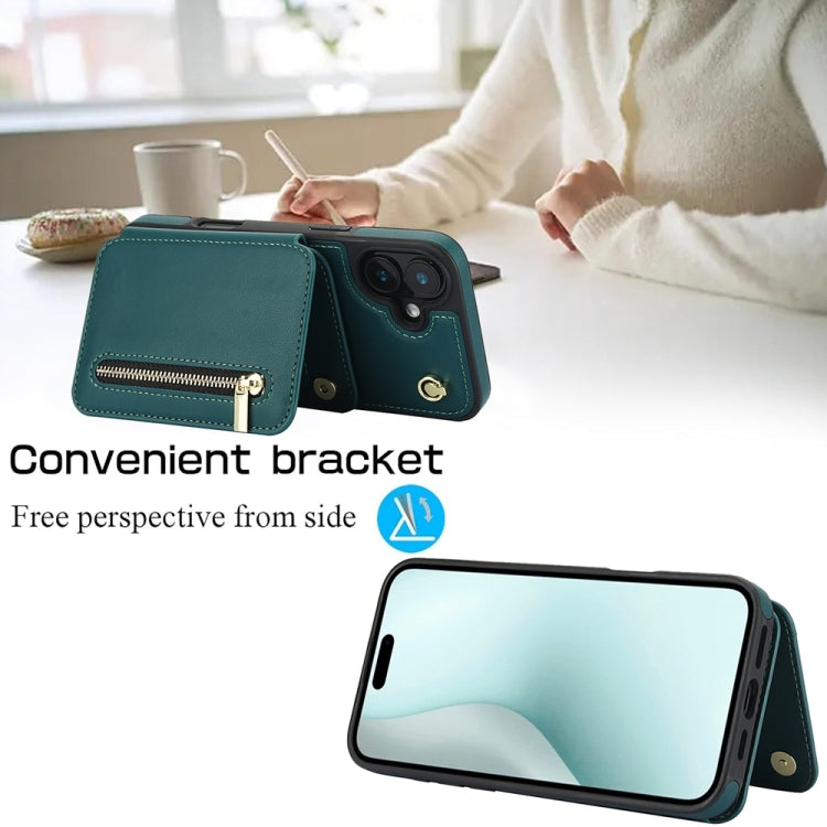 For iPhone 16 YM006 Skin Feel Zipper Card Bag Phone Case with Dual Lanyard