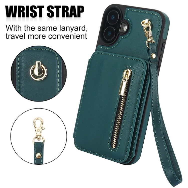 For iPhone 16 YM006 Skin Feel Zipper Card Bag Phone Case with Dual Lanyard