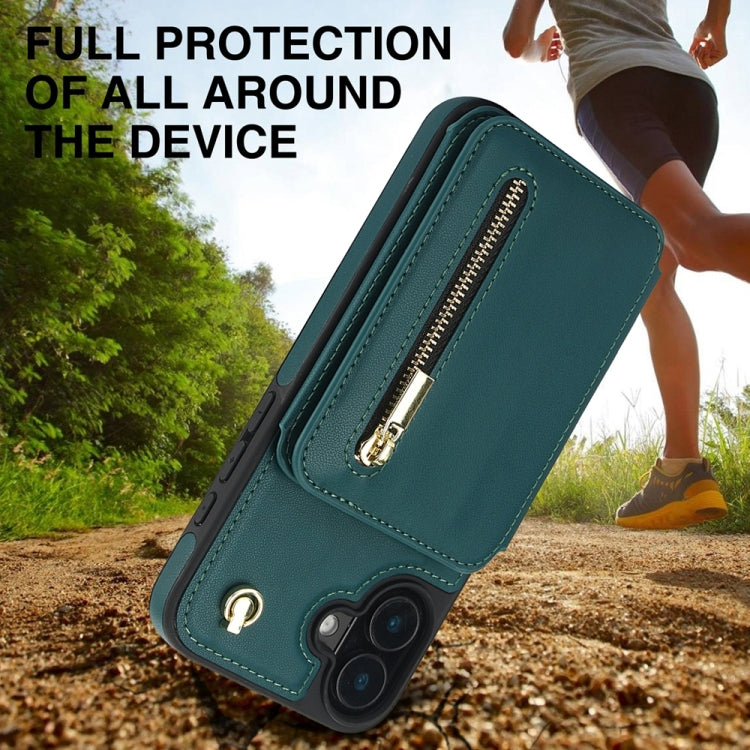 For iPhone 16 YM006 Skin Feel Zipper Card Bag Phone Case with Dual Lanyard