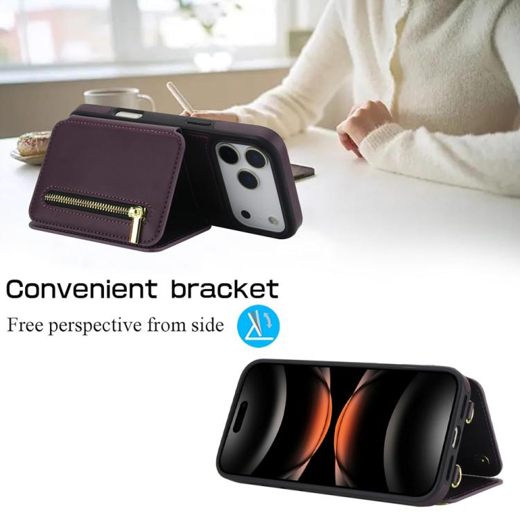 For iPhone 17 Pro Max YM006 Skin Feel Zipper Card Bag Phone Case with Dual Lanyard