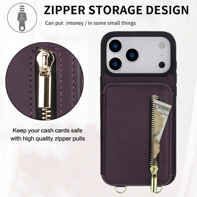 For iPhone 17 Pro Max YM006 Skin Feel Zipper Card Bag Phone Case with Dual Lanyard