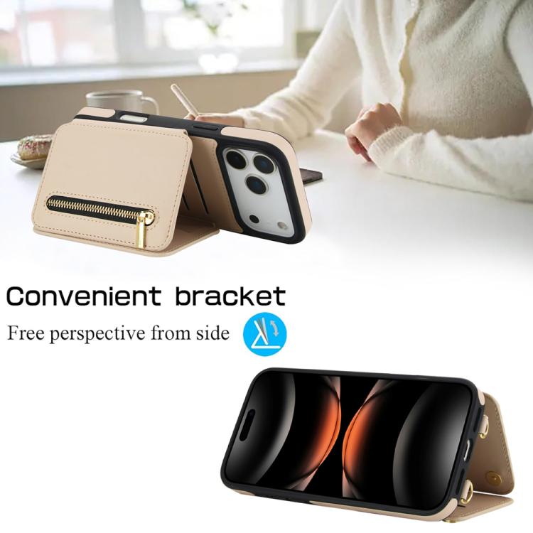 For iPhone 17 Pro Max YM006 Skin Feel Zipper Card Bag Phone Case with Dual Lanyard