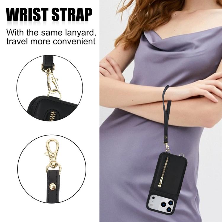 For iPhone 17 Pro Max YM006 Skin Feel Zipper Card Bag Phone Case with Dual Lanyard