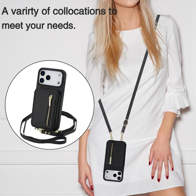 For iPhone 17 Pro Max YM006 Skin Feel Zipper Card Bag Phone Case with Dual Lanyard