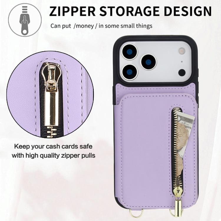 For iPhone 17 Pro Max YM006 Skin Feel Zipper Card Bag Phone Case with Dual Lanyard