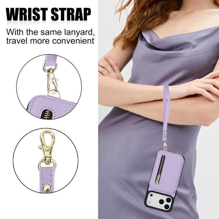 For iPhone 17 Pro Max YM006 Skin Feel Zipper Card Bag Phone Case with Dual Lanyard