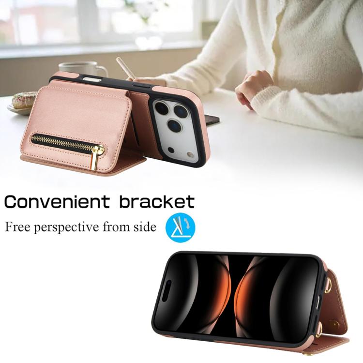 For iPhone 17 Pro Max YM006 Skin Feel Zipper Card Bag Phone Case with Dual Lanyard