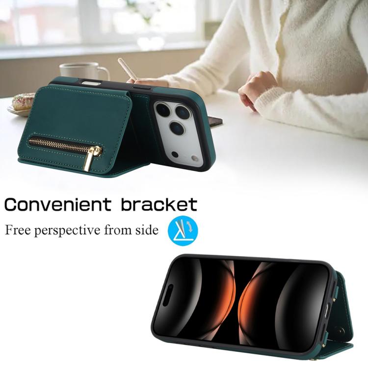 For iPhone 17 Pro Max YM006 Skin Feel Zipper Card Bag Phone Case with Dual Lanyard
