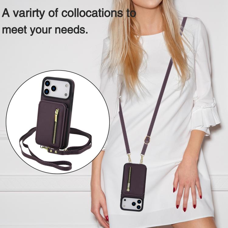 For iPhone 17 Pro YM006 Skin Feel Zipper Card Bag Phone Case with Dual Lanyard