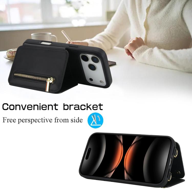 For iPhone 17 Pro YM006 Skin Feel Zipper Card Bag Phone Case with Dual Lanyard