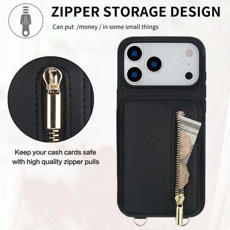 For iPhone 17 Pro YM006 Skin Feel Zipper Card Bag Phone Case with Dual Lanyard