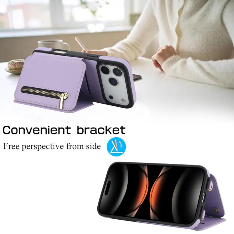 For iPhone 17 Pro YM006 Skin Feel Zipper Card Bag Phone Case with Dual Lanyard