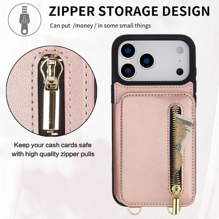 For iPhone 17 Pro YM006 Skin Feel Zipper Card Bag Phone Case with Dual Lanyard