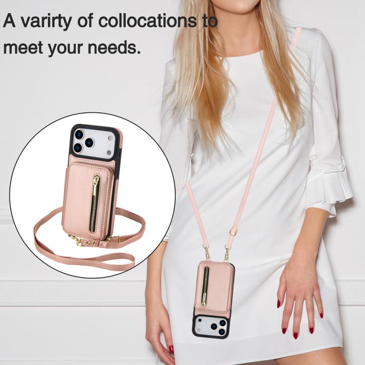 For iPhone 17 Pro YM006 Skin Feel Zipper Card Bag Phone Case with Dual Lanyard