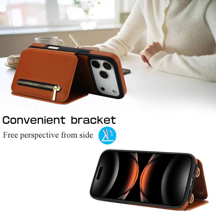 For iPhone 17 Pro YM006 Skin Feel Zipper Card Bag Phone Case with Dual Lanyard