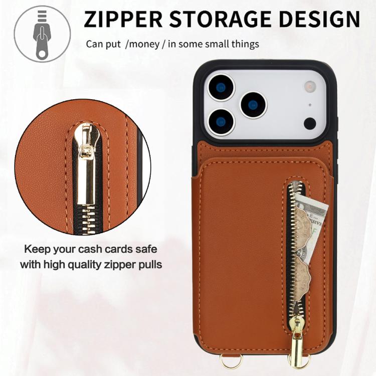 For iPhone 17 Pro YM006 Skin Feel Zipper Card Bag Phone Case with Dual Lanyard